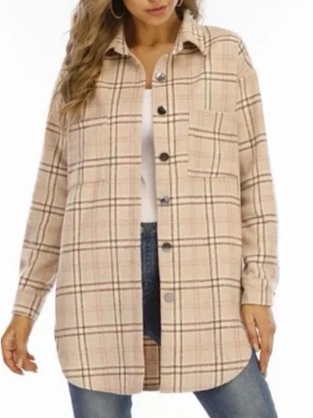 Miss Sparkling Cream Plaid Flannel Shacket